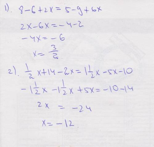 25 ! при каких значениях x равны значения выражений: 1)8 -2(3-x) и 5-3(3-2x) 2)0.5x+2(7-x) и 1.5x-5(