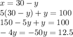 x= 30-y \\ &#10;5(30-y) +y =100 \\ &#10;150-5y +y= 100 \\ &#10;-4y=-50&#10;y= 12.5