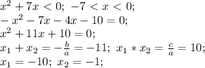 x^2 + 7x \ \textless \ 0; \ -7 \ \textless \ x \ \textless \ 0; \\&#10;-x^2 - 7x - 4x - 10 = 0; \\&#10;x^2+11x+10=0; \\&#10;x_1+x_2=- \frac{b}{a}=-11; \ x_1*x_2= \frac{c}{a}= 10; \\&#10;x_1=-10; \ x_2=-1; \\