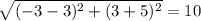 \sqrt{(-3-3)^{2}+(3+5)^{2}}=10