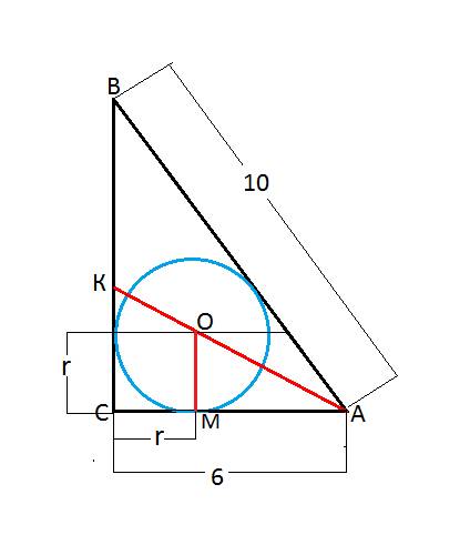 Втреугольнике авс с прямым углом с ав=10, ас=6. найдите ск, если известно,что ак проходит через цент