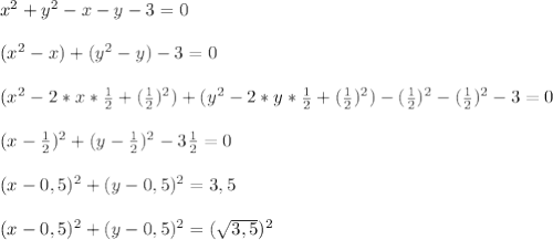 x^2+y^2-x-y-3=0\\\\&#10;(x^2-x)+(y^2-y)-3=0\\\\(x^2-2*x* \frac{1}{2}+( \frac{1}{2})^2)+ (y^2-2*y* \frac{1}{2}+( \frac{1}{2})^2)-( \frac{1}{2})^2- ( \frac{1}{2})^2-3=0\\\\(x- \frac{1}{2})^2+(y- \frac{1}{2})^2-3 \frac{1}{2}=0\\\\(x-0,5)^2+(y-0,5)^2=3,5\\\\(x-0,5)^2+(y-0,5)^2=( \sqrt{3,5})^2