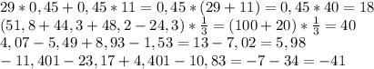 29*0,45+0,45*11=0,45*(29+11)=0,45*40=18\\(51,8+44,3+48,2-24,3)*\frac{1}{3}=(100+20)*\frac{1}{3}=40\\4,07- 5,49+8,93-1,53=13-7,02=5,98\\-11,401-23,17+4,401-10,83=-7-34=-41