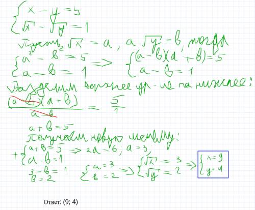Решить систему уравнений ввода новой х-у=5 √х-√у=1