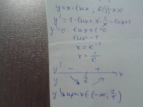 Вкаком промежутке функция у=xlnx убывает