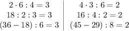 \displaystyle \begin{matrix} 2\cdot 6:4=3\\ 18:2:3=3\\ (36-18):6=3\end{matrix} \; \begin{vmatrix}\\ \\ \\ \end{matrix} \; \begin{matrix} 4\cdot 3:6=2\\ 16:4:2=2\\ (45-29):8=2\end{matrix}