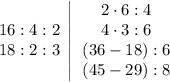 \displaystyle \begin{matrix}16:4:2\\ 18:2:3\end{matrix} \; \begin{vmatrix}\\ \\ \\ \\ \end{matrix} \; \begin{matrix}2\cdot 6:4\\ 4\cdot 3:6\\ (36-18):6\\ (45-29):8\end{matrix}
