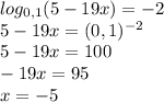 log_{0,1}(5-19x)=-2 \\ 5-19x=(0,1)^{-2} \\ 5-19x=100 \\ -19x=95 \\ x= -5