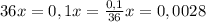 36x=0,1&#10;x= \frac{0,1}{36} &#10;x=0,0028