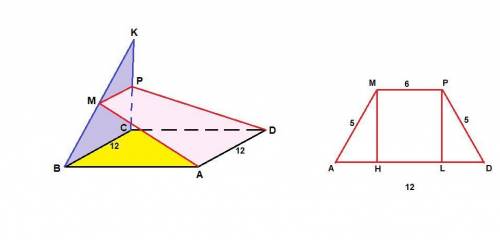Квадрат abcd и равнобедренный треугольник kbc(kb=bc) лежат в разных плоскостях. m и p -- середины от