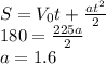 S=V_0t+ \frac{at^2}{2} \\ 180= \frac{225a}{2} \\ a=1.6