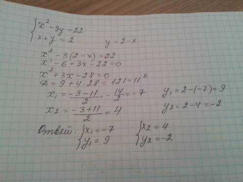 Решите систему уравнений х^2-3у=22 х+у=2