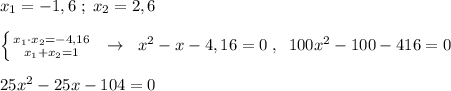 x_1=-1,6\; ;\; x_2=2,6\\\\ \left \{ {{x_1\cdot x_2=-4,16} \atop {x_1+x_2=1}} \right. \; \; \to \; \; x^2-x-4,16=0\; ,\; \; 100x^2-100-416=0\\\\25x^2-25x-104=0