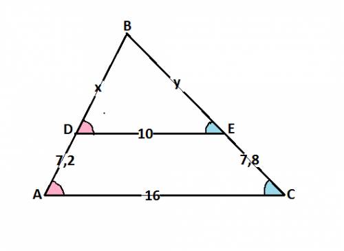 Дано: abc-треугольник,de параллельна ac,ad=7,2; de=10; ec=7,8; ac=16 найти: db,be