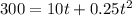 300=10t+0.25 t^{2}