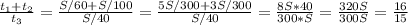 \frac{t _{1}+t _{2} }{t _{3}}= \frac{S/60+S/100}{S/40}= \frac{5S/300+3S/300}{S/40}= \frac{8S*40}{300*S} = \frac{320S}{300S} = \frac{16}{15}