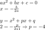 ax^2+bx+c=0\\x=-\frac{b}{2a}\\\\y=x^2+px+q\\2=-\frac{p}{2*1}\Rightarrow p=-4
