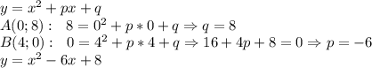 y=x^2+px+q\\A(0;8):\ \ 8=0^2+p*0+q\Rightarrow q=8\\B(4;0):\ \ 0=4^2+p*4+q\Rightarrow16+4p+8=0\Rightarrow p=-6\\y=x^2-6x+8