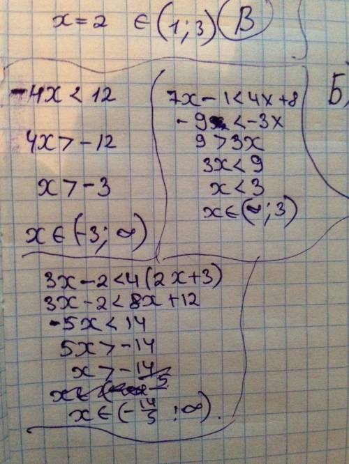 Розв'яжіть нерівності -4х< 12 7x-1< 4x+8 3x-2< 4(2x-3)