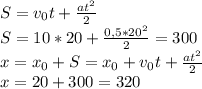 S= v_{0} t+ \frac{at^{2}}{ 2} \\ S=10*20+ \frac{0,5* 20^{2} }{2}= 300 \\ x= x_{0}+S=x_{0}+ v_{0} t+ \frac{at^{2}}{ 2} \\ x= 20+300=320