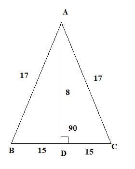 Периметр равнобедренного треугольника равен 64, а боковая сторона 17. найдите площадь треугольника