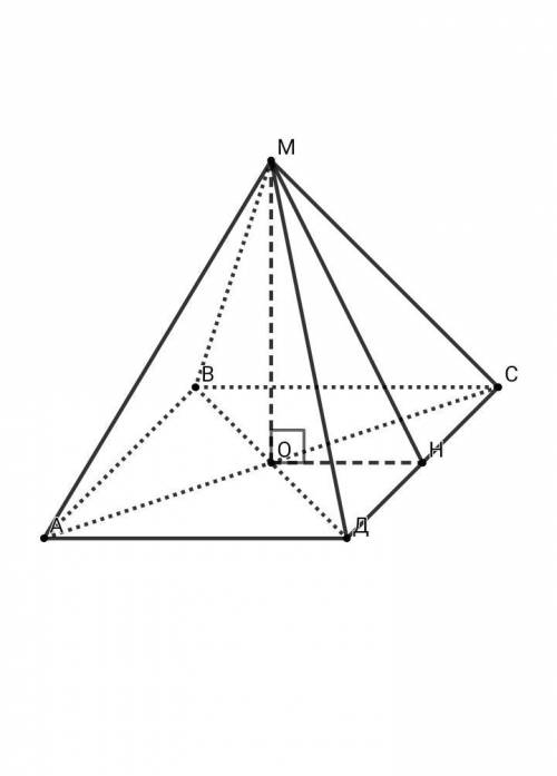 Вправильной четырехугольной пирамиде сторона основания равна 10 м, а высота-12м, найдите площадь пов