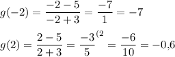 \displaystyle g(-2)=\frac{-2-5}{-2+3} =\frac{-7}1 =-7\\ \\ g(2)=\frac{2-5}{2+3} =\frac{-3}{5} ^{(2}=\frac{-6}{10} =-0,\! 6