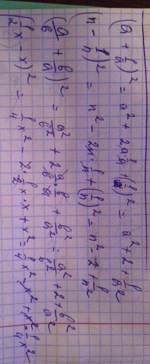 Выполните возведение в квадрат (а+1/а)^2 (n-1/n)^2 (a/b+b/а)^2 (1/2х-х)^2