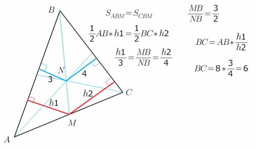 Расстояния от точки n пересечения медиан треугольника авс до сторон ав и вс равны 3 дм и 4 дм.найдит