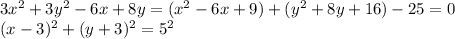 3x^2+3y^2-6x+8y=(x^2-6x+9)+(y^2+8y+16) - 25=0\\(x-3)^2+(y+3)^2=5^2