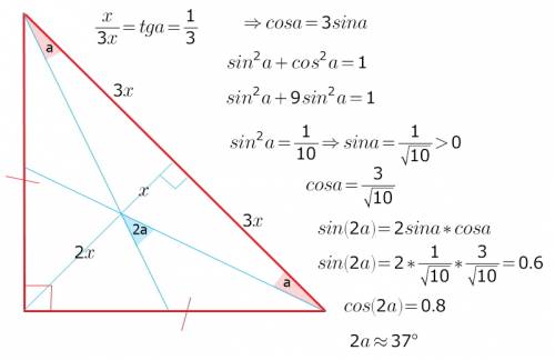 Дан треугольник авс равнобедренный и прямоугольный угалс 90 градусов ал=вд=медианы найти уголвол