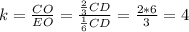 k= \frac{CO}{EO} = \frac{ \frac{2}{3} CD}{ \frac{1}{6} CD}= \frac{2*6}{3}= 4