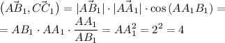 \displaystyle \begin{pmatrix}\vec{AB_1 } ,\vec{CC_1 } \end{pmatrix} =|\vec{AB_1 } |\cdot |\vec{AA_1 } |\cdot \cos{(AA_1 B_1 )} =\\=AB_1 \cdot AA_1 \cdot \frac{AA_1 }{AB_1 } =AA_1 ^2 =2^2 =4