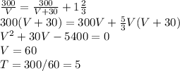 \frac{300}{V}=\frac{300}{V+30}+1\frac{2}{3}\\300(V+30)=300V+\frac{5}{3}V(V+30)\\V^2+30V-5400=0\\V=60\\T = 300 / 60 = 5