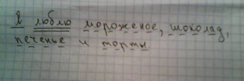 Подлежащее сказуемое. я люблю мороженое,шоколад,печенье и торты.. подчеркиваете