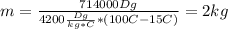 m= \frac{714000Dg}{4200 \frac{Dg}{kg*C}*(100C-15C) } =2kg