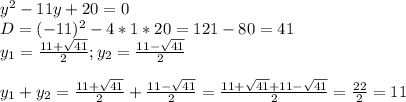 y^2-11y+20=0\\D=(-11)^2-4*1*20=121-80=41\\y_1= \frac{11+ \sqrt{41} }{2}; y_2=\frac{11-\sqrt{41} }{2}\\\\y_1+y_2=\frac{11+ \sqrt{41} }{2}+\frac{11- \sqrt{41} }{2}=\frac{11+ \sqrt{41}+11- \sqrt{41} }{2}= \frac{22}{2}=11