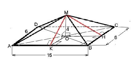 Основанием пирамиды служит прямоугольник со сторонами 6 и 15 см. высота равна 4 см. и проходит через