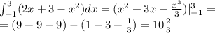 \int_{-1}^{3}(2x+3-x^2)dx=(x^2+3x-\frac{x^3}{3})|_{-1}^3=\\=(9+9-9)-(1-3+\frac{1}{3})=10\frac{2}{3}