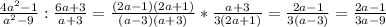 \frac{4a^2-1}{a^2-9} : \frac{6a+3}{a+3}= \frac{(2a-1)(2a+1)}{(a-3)(a+3)} * \frac{a+3}{3(2a+1)} = \frac{2a-1}{3(a-3)} = \frac{2a-1}{3a-9}