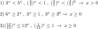 1)\; 3^{x}\ \textless \ 5^{x}\; ,\; (\frac{3}{5})^{x}\ \textless \ 1\; ,\; (\frac{3}{5})^{x}\ \textless \ (\frac{3}{5})^0\; \to \; x\ \textgreater \ 0\\\\2)\; 6^{x} \geq 2^{x}\; ,\; 3^{x} \geq 1\; ,\; 3^{x} \geq 3^0\to \; x \geq 0\\\\3)(\frac{12}{13})^{x} \leq 12^{x}\; ,\; (\frac{1}{13})^{x} \leq 1\; \to \; x \geq 0