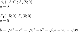 A_1(-8;0); A_2(8;0)\\a=8\\\\F_1(-5;0); F_2(5;0)\\c=5\\\\b= \sqrt{a^2-c^2}= \sqrt{8^2-5^2}= \sqrt{64-25}= \sqrt{39}