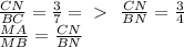 \frac{CN}{BC} = \frac{3}{7} =\ \textgreater \ \ \frac{CN}{BN} = \frac{3}{4} \\&#10; \frac{MA}{MB} = \frac{CN}{BN}