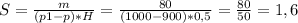 S= \frac{m}{(p1-p)*H} = \frac{80}{(1000-900)*0,5} = \frac{80}{50} =1,6