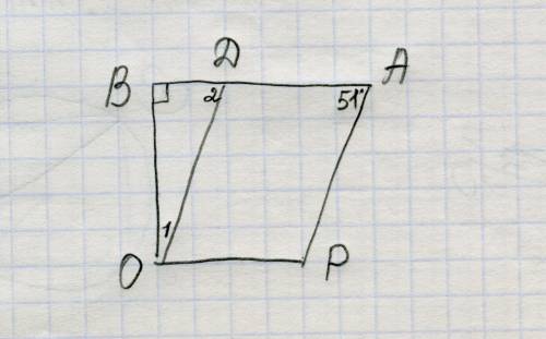 Втрапеции apob угол а=51 градус, угол в=90 градусов. прямая, параллельная стороне ар, проходит через