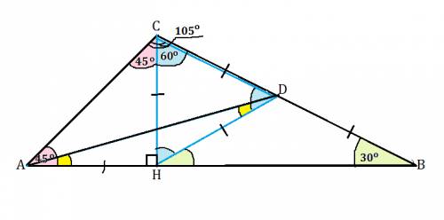 Втреугольнике abc угол b равен 30°, а угол c равен 105°. точка d - середина стороны bc. найти угол b