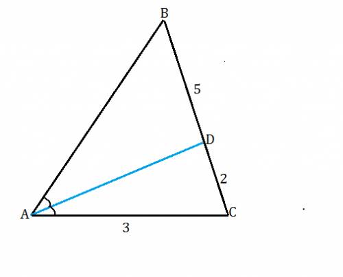 Втреугольнике авс проведена биссектриса аd. найти сторону ав, если ас= 3 см сd = 2 см, вd = 5 см.