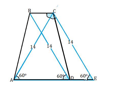 Диагональ равнобокой трапеции равна 14см и образует с основанием угол 60° .найдите среднию линию тра