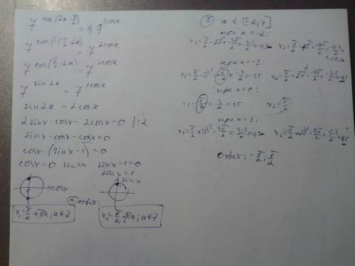 Решите уравнение 7^cos(2x-pi/2)=49^cosx найдите корни этого уравнения ,принадлежащие отрезку[-2; 4]