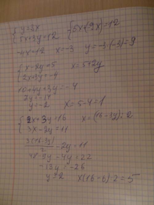 Решить уравнения методом подстановки. 1) у=-3х 5х+3у=12 2) х-2у=5 2х+3у=-4 3) 2х+3у=16 3х-2у=11
